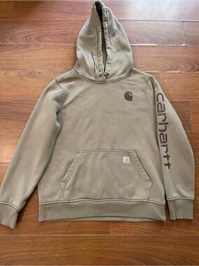 Carhartt women’s Hooded Sweatshirt in Tan with Brown Logos